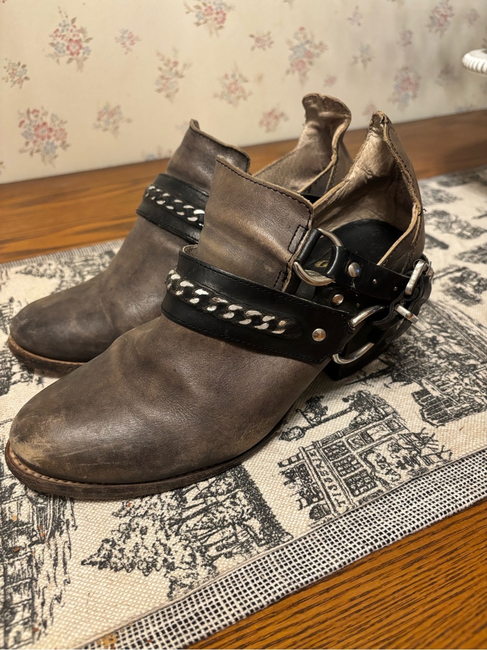 Freebird by Steven distressed black Leather Ankle Boots with Black Strap